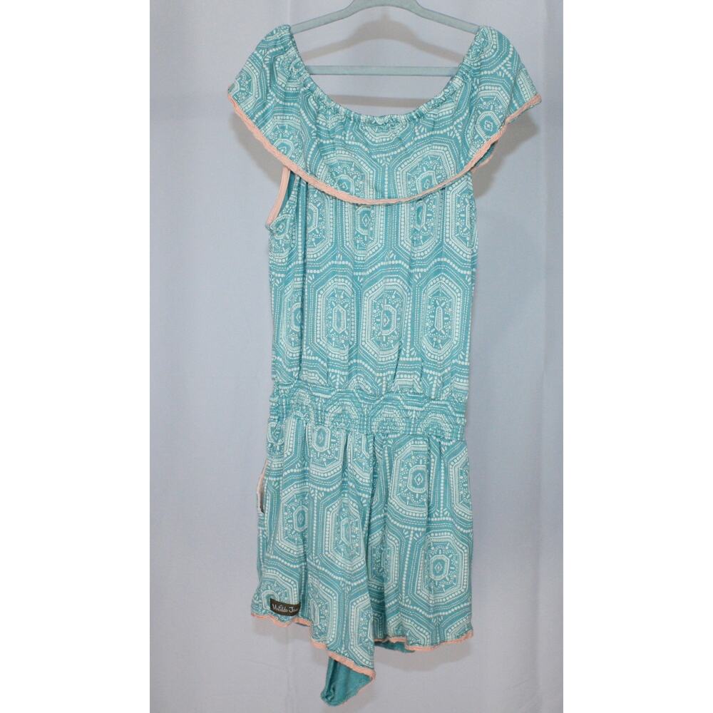 Matilda Jane Aqua Boho Romper Ruffle Neck Asymmetrical Hem Girls
